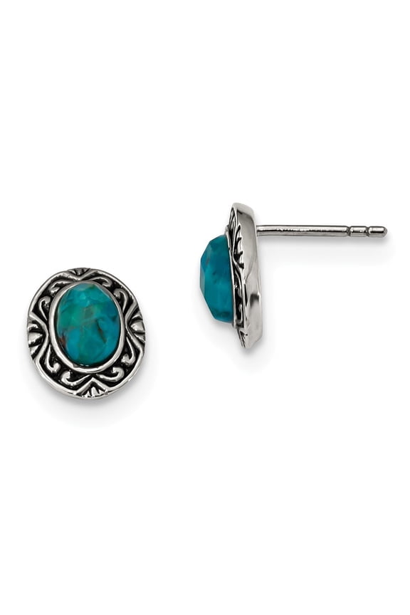 Sterling Silver Rhodium Oxidized With Recon. Simulated Turquoise Post Earrings - Measures 11.6x9.5mm