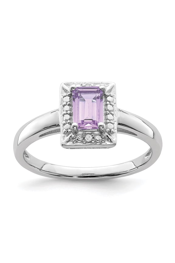 Sterling Silver Rhodium Pink Quartz Diamond Ring