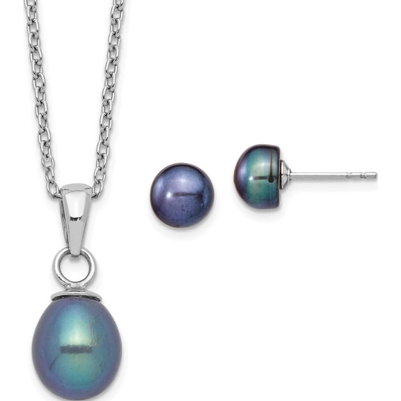 Jewelry by Sweet Pea Sterling Silver Rhodium-plated 6-7mm Black Teardrop Freshwater Cultured Pearl 17 inch Necklace and Button Post Earrings Set