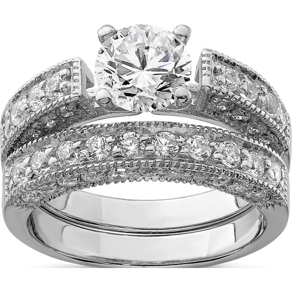 Sterling Silver Rhodium-Plated 2-Piece Cz Wedding Set Ring (Size 8) Made In Thailand qr1330-8