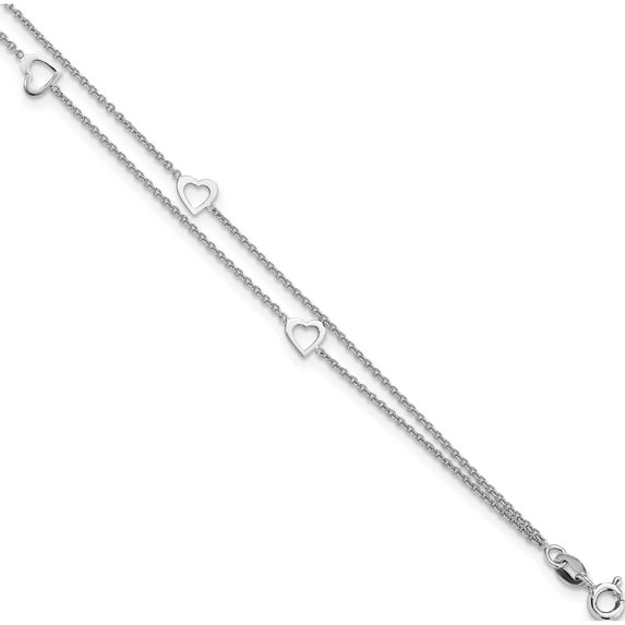 Sterling Silver Rhodium-Plated 2-Strand 9 In Plus 1In Ext. Heart Anklet (9 X 1) Made India qg4185-9