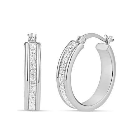 Sterling Silver Rhodium-Plated 20mm x 5mm Glitter Hoop Earrings