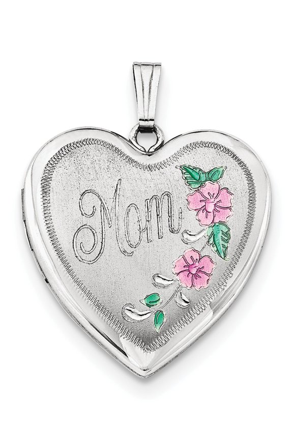 Sterling Silver Rhodium-Plated 24mm Enameled Floral Mom Heart Locket (30.25 X 24) Made In Hong Kong qls328