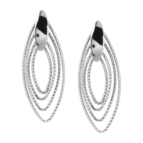 Sterling Silver Rhodium Plated 3 Textured Dangle Marquise Element Earrings - 5.4 Grams