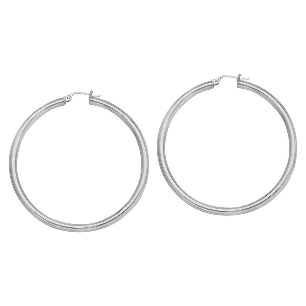 Sterling Silver Rhodium Plated 3x45 Plain Round Hoop Earrings Rhodium - 4.0 Grams