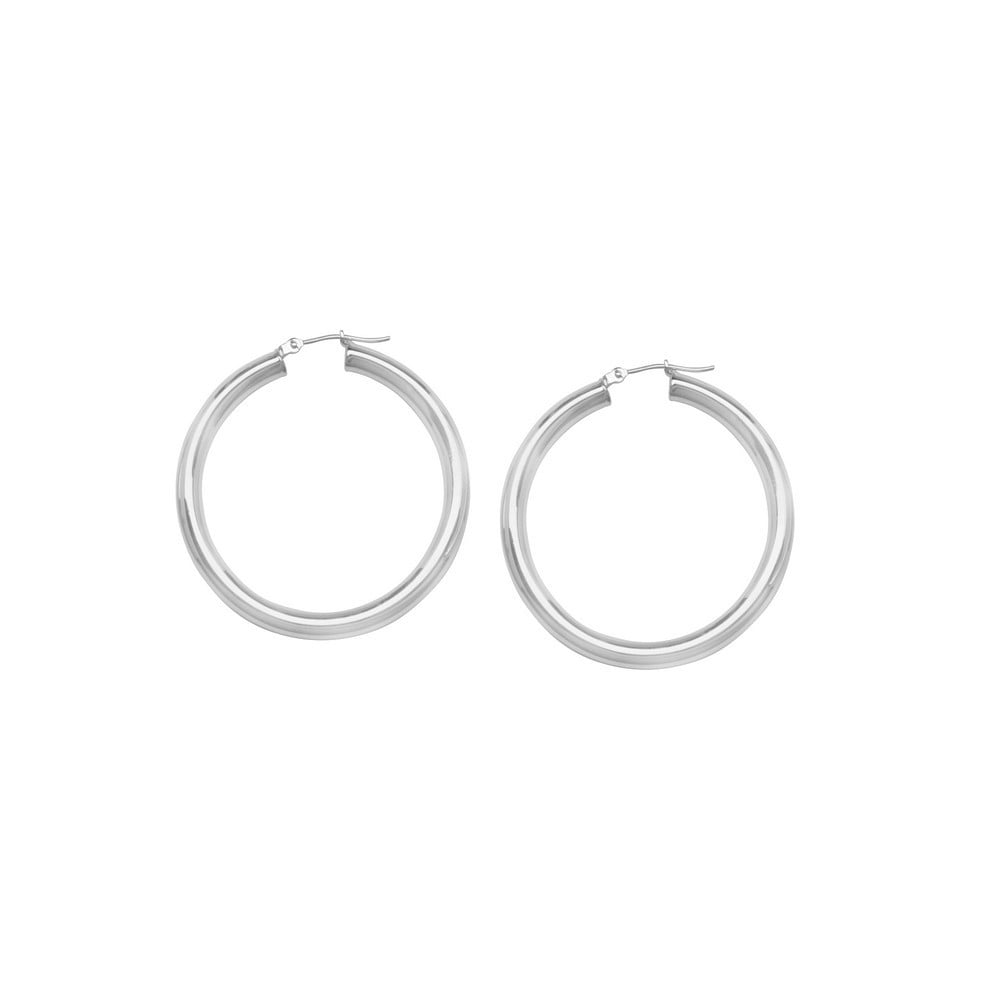 Sterling Silver Rhodium Plated 4x30 Plain Round Hoop Earrings Rhodium - 4.0 Grams