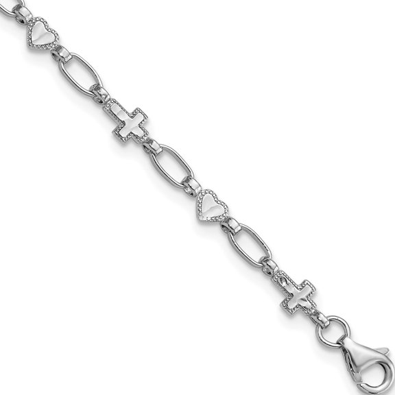 Sterling Silver Rhodium-Plated 7.5 Inch Heart And Cross Bracelet (Width 4.2) (Length 7.5) - Jbsp