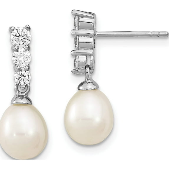 Sterling Silver Rhodium-Plated 7-8mm White Fwc Pearl Cz Post Earrings (19 X 7.75) Made In China qe13859