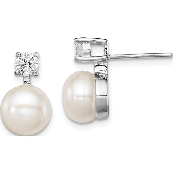 Sterling Silver Rhodium-Plated 7-8mm White Fwc Pearl Cz Post Earrings Made In China qe12750