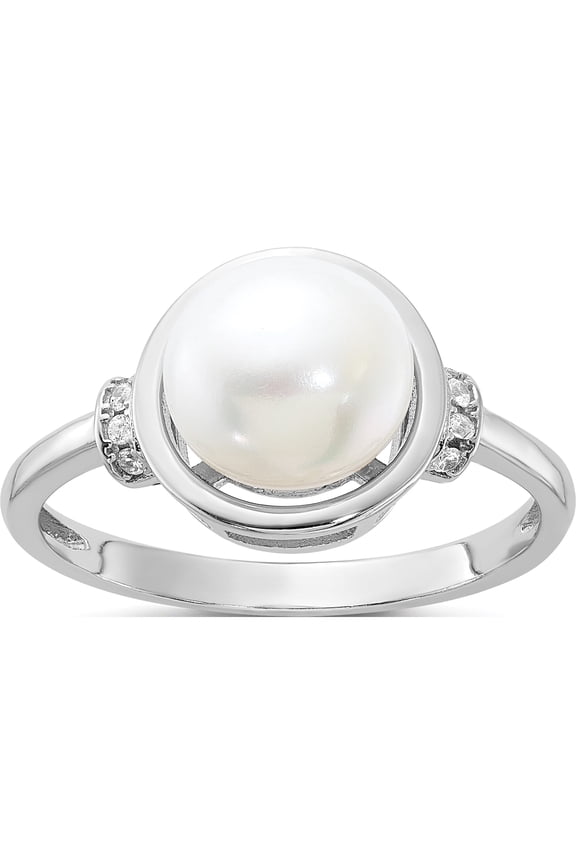 Sterling Silver Rhodium-Plated 8-9Mm White Fwc Pearl And Cz Circle Ringsize 6 (Width 1.9) - Jbsp