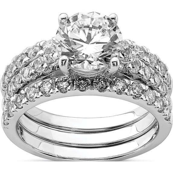 Sterling Silver Rhodium-Plated 8mm Cz Ring & 2 Band Set (Size 8) Made In Thailand qr6934-8