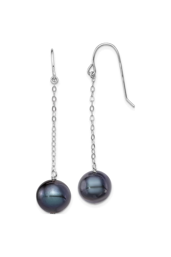 Sterling Silver Rhodium-plated 9-10mm Black Round Freshwater Cultured Pearl Dangle Earrings