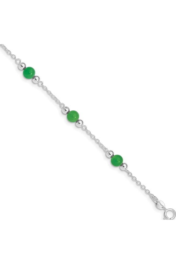 Sterling Silver Rhodium-plated 9inch Polished Green Jade Anklet