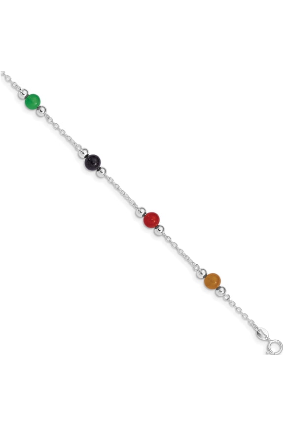 Sterling Silver Rhodium-plated 9inch Polished Multi-Color Jade Anklet