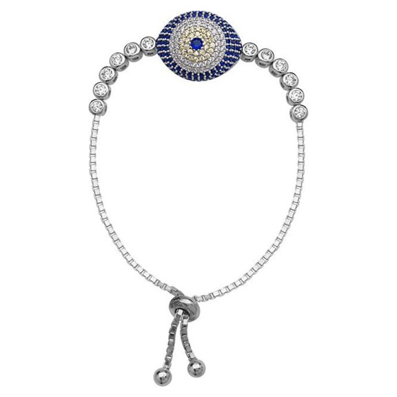 Sterling Silver Rhodium Plated Adjustable Cubic Zirconia Evil Eye Bracelet - 9.50 Inch