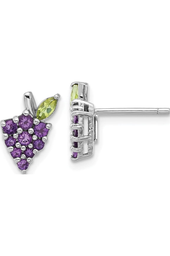 Sterling Silver Rhodium-Plated Amethyst And Peridot Grape Post Earrings (Width 9.4) (Length 12) - Jbsp