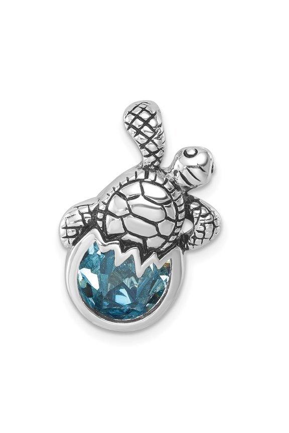 Sterling Silver Rhodium-Plated Antiqued Crystal Hatching Turtle Pendant