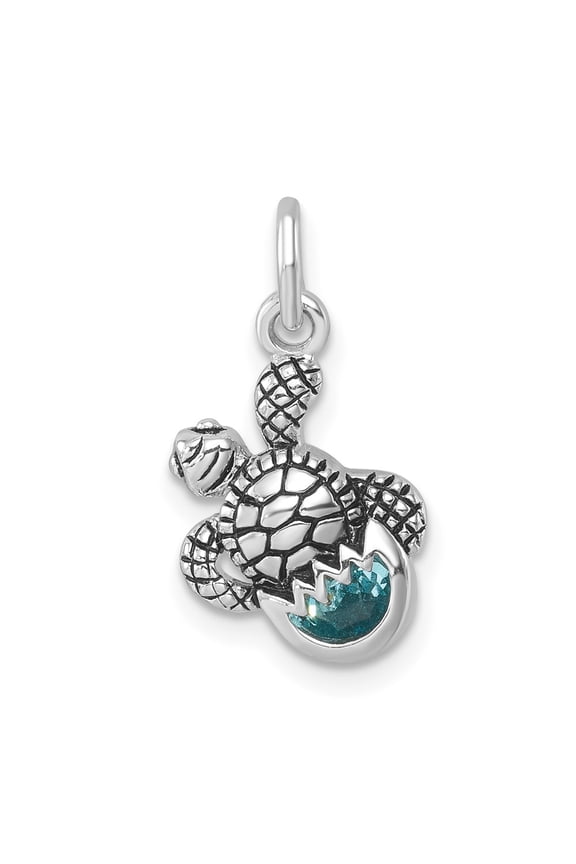 Sterling Silver Rhodium-Plated Antiqued Crystal Hatching Turtle Pendant