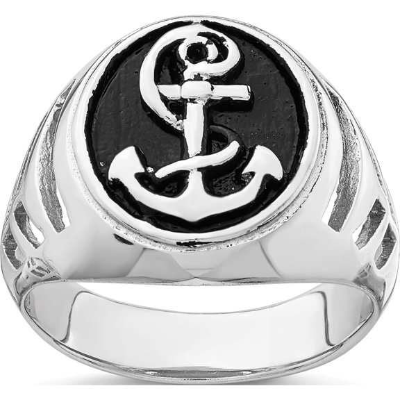 Sterling Silver Rhodium-Plated & Antiqued Plated Anchor Ring (Size 11) Made In Thailand qr6834-11