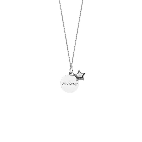 Sterling Silver Rhodium Plated Believe Disk Star Lobster Claw Closure - 2.2 Grams - 18 Inch