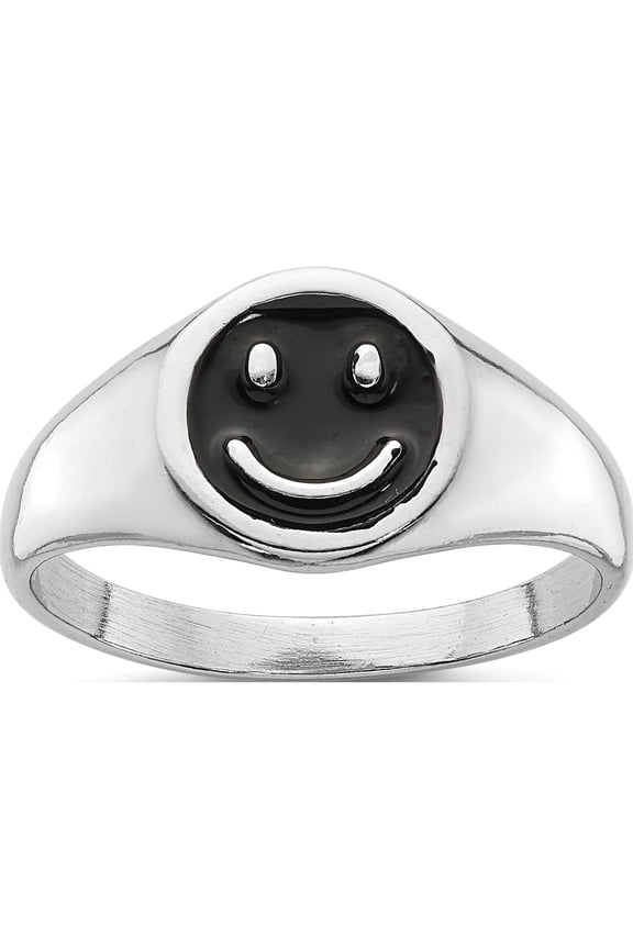 Sterling Silver Rhodium-Plated Black Enamel Smiley Face Ringsize 7 - Jbsp