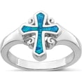 thumbnail image 1 of Sterling Silver Rhodium-Plated Blue Inlay Created Opal Cross Ring (Size 8) Made In China qr6572-8, 1 of 5