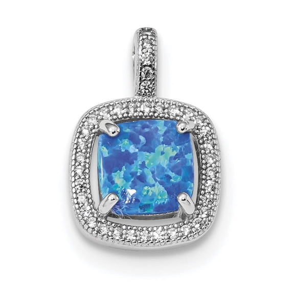 Sterling Silver Rhodium-Plated Blue Square Created Opal With Cz Pendant (19 X 13.2) Made In China qp4877