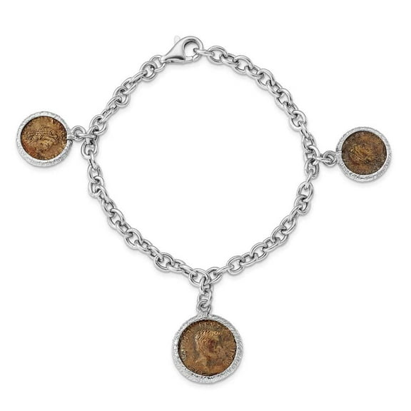 Sterling Silver Rhodium-Plated Bronze Roman Coin Bracelet