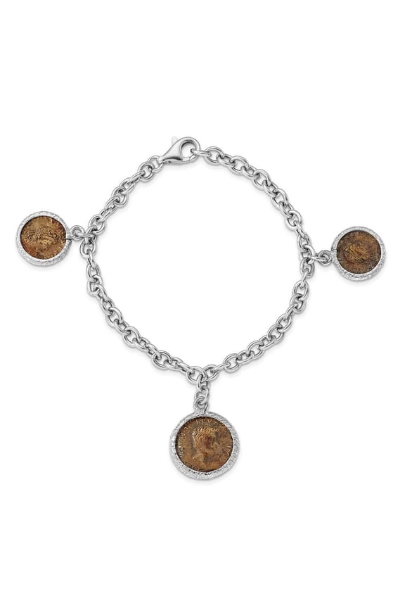 Sterling Silver Rhodium-Plated Bronze Roman Coin Bracelet