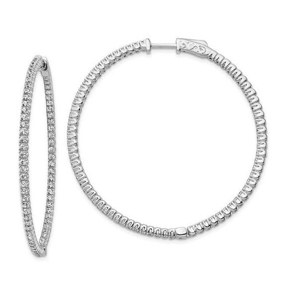 Sterling Silver Rhodium-Plated CZ 142 Stones In & Out Hinged Hoop Polished Earrings