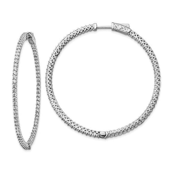 Sterling Silver Rhodium-Plated CZ 146 Stones In & Out Hinged Hoop Polished Earrings