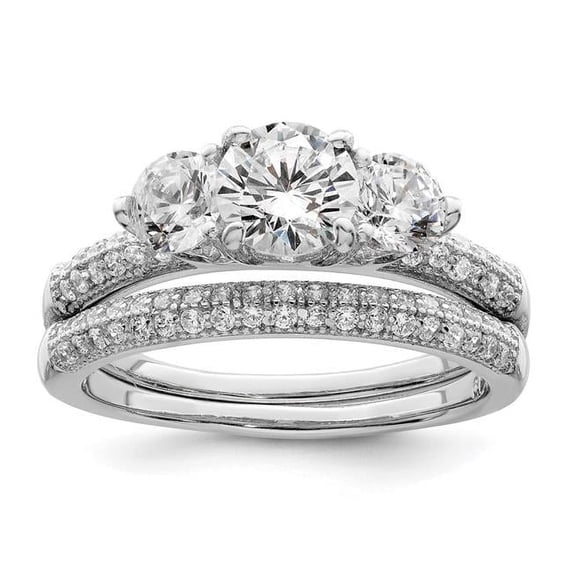 Sterling Silver Rhodium-Plated CZ 3-Stone Pave Band Engagement Ring Set - Size 6