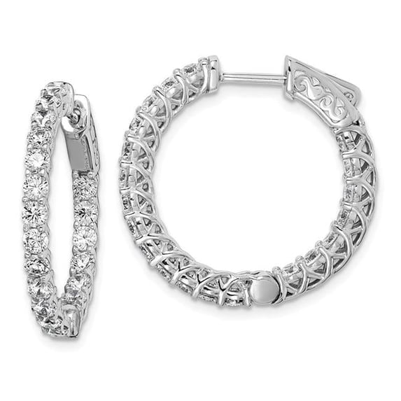 Sterling Silver Rhodium-Plated CZ 40 Stones In & Out Hinged Hoop Polished Earrings