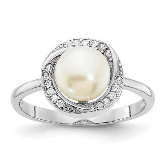 Sterling Silver Rhodium-Plated CZ 7-8 mm Button White FWC Pearl Ring, Size 8