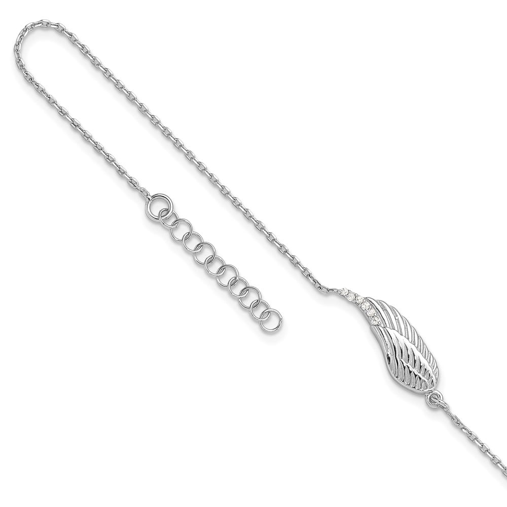 Sterling Silver Rhodium-Plated CZ Angel Wing 9in. Plus 1in. Extension Anklet