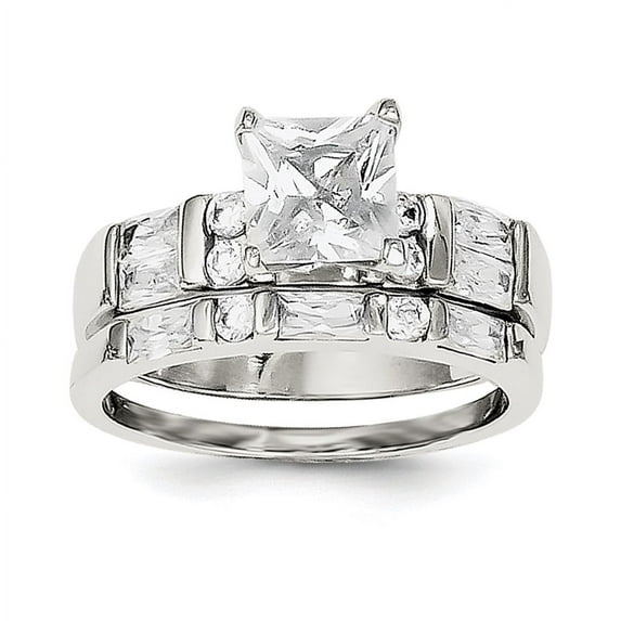 Sterling Silver Rhodium Plated CZ Engagement Ring and CZ Wedding Band Two Piece Set QR1335
