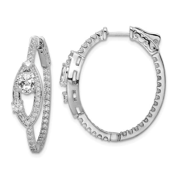 Sterling Silver Rhodium Plated CZ Oval Hinged In & Out Hoop Earrings - Polished
