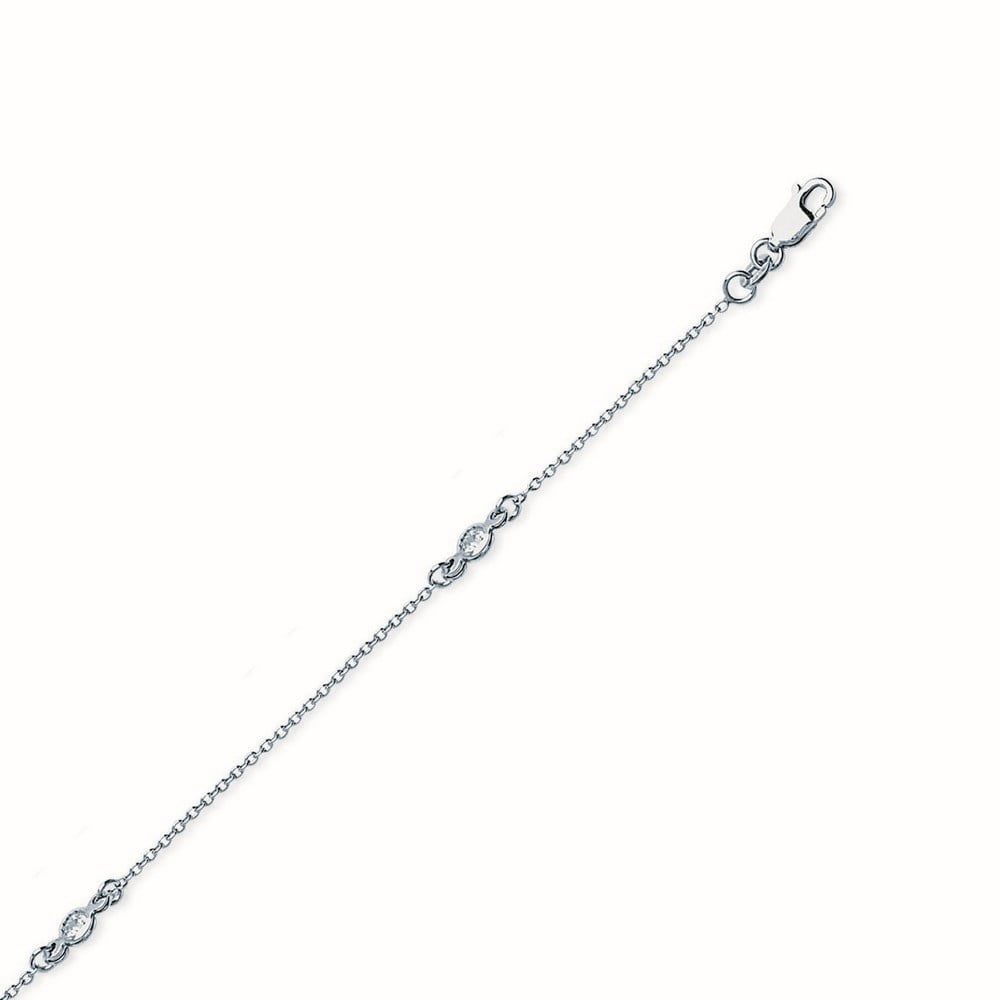 Sterling Silver Rhodium Plated Cable 3 Cubic Zirconia Station Anklet - 10 Inch