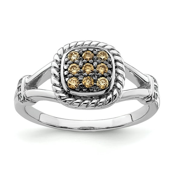 Sterling Silver Rhodium Plated Champagne & Clear Cubic Zirconia Ring Size 7