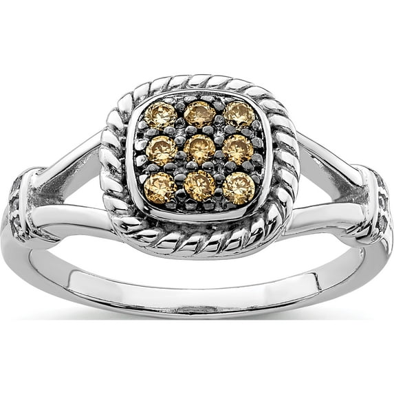 Sterling Silver Rhodium Plated Champagne & Clear Cz Ring (Size 6) Made In Thailand qr7029-6