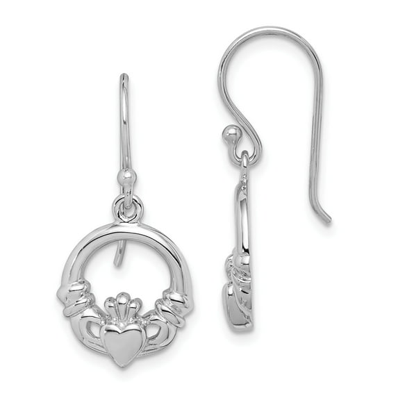 Sterling Silver Rhodium Plated Claddagh Dangle Earrings