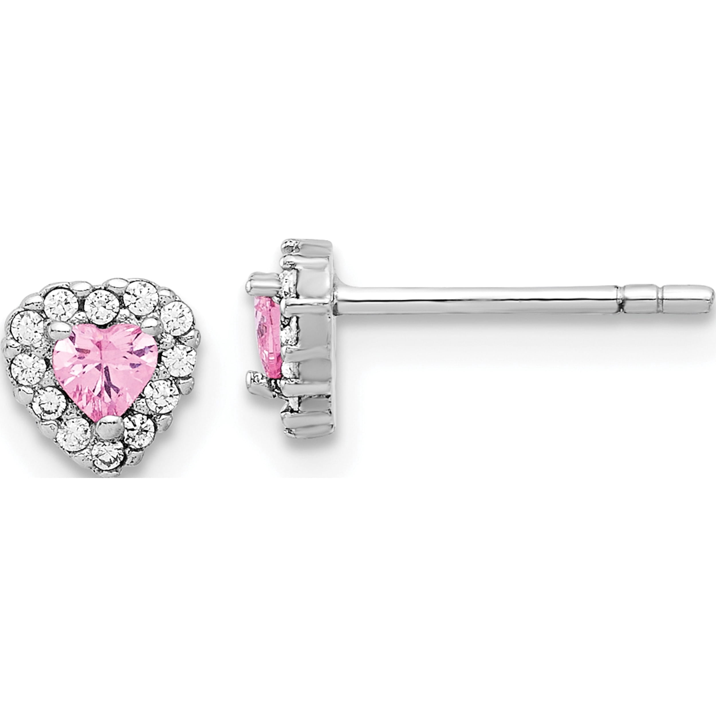 Sterling Silver Rhodium-Plated Clear And Pink Cz Heart Post Earrings (Width 5.7) (Length 6) - Jbsp