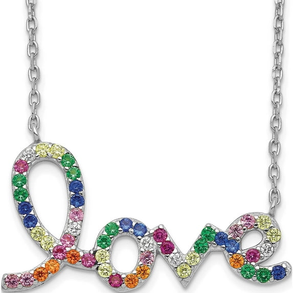 Sterling Silver Rhodium-Plated Colorful Cz Love With 2In Ext Necklace (18 X 25.4) Made In China qg5042-16