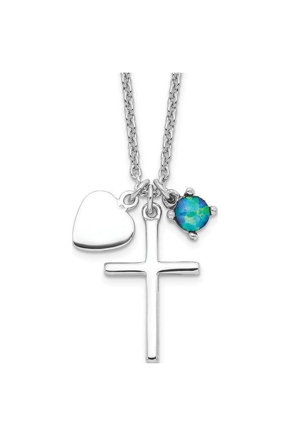 Sterling Silver Rhodium-Plated Created Blue Opal Cross Necklace Made In China qg4400-18