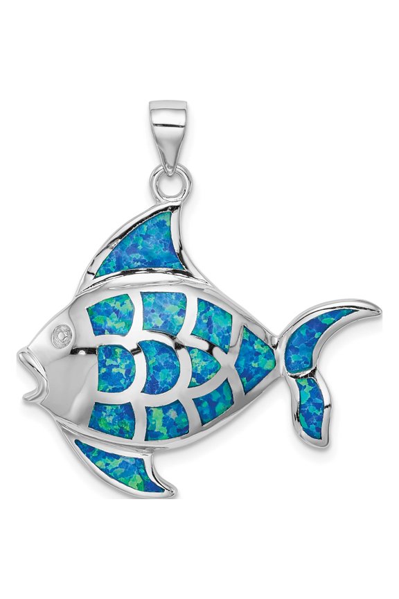 Sterling Silver Rhodium-Plated Created Blue Opal Fish Pendant (32.5 X 29.5) Made In China qp5229