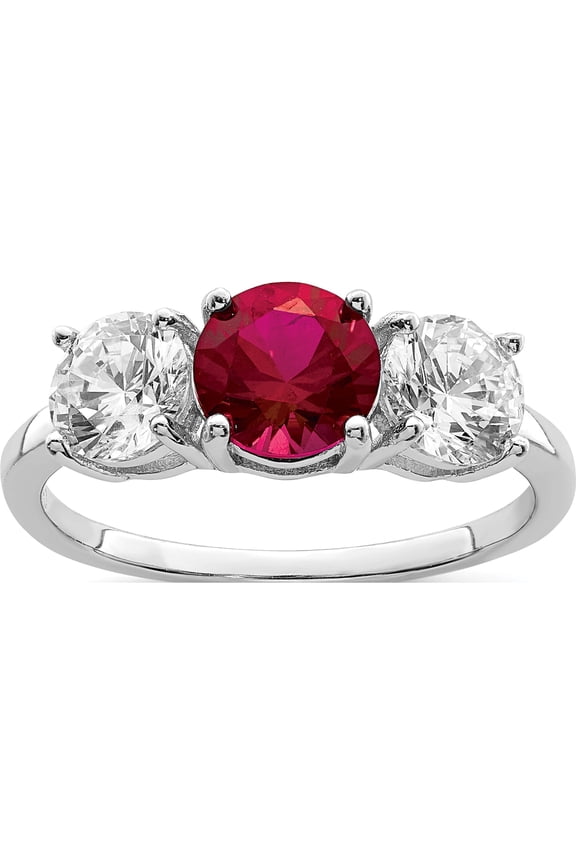 Sterling Silver Rhodium-Plated Created Corundum & Cz 3 Stone Ring (Size 8) Made In China qr7021-8