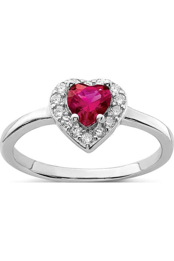 Sterling Silver Rhodium-Plated Created Corundum & Cz Heart Ring (Size 6) Made In China qr7025-6