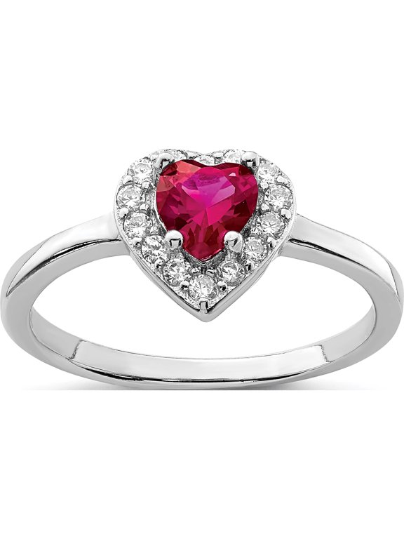 Sterling Silver Rhodium-plated Created Corundum & CZ Heart Ring