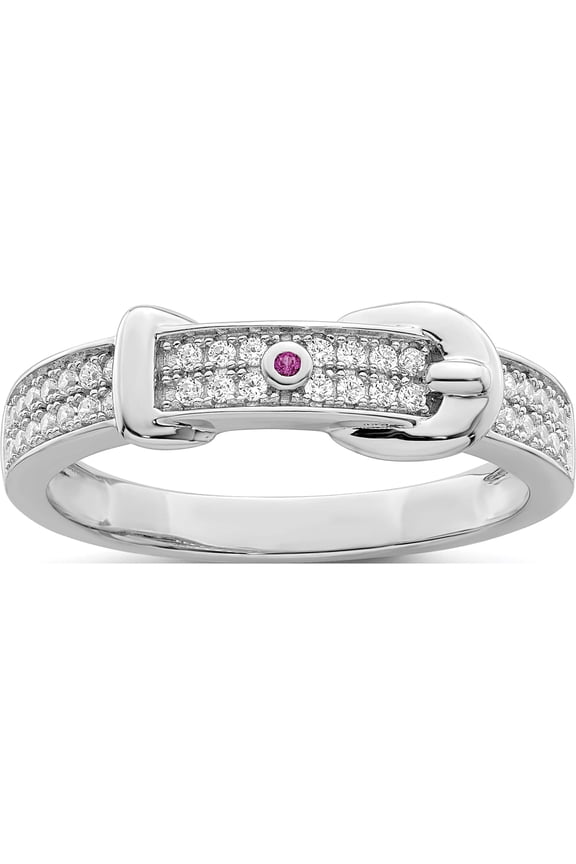 Sterling Silver Rhodium Plated Created Red Corundum & Cz Buckle Ring (Size 6) Made In China qr7357-6