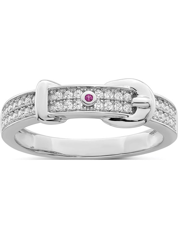 Sterling Silver Rhodium plated Created Red Corundum & CZ Buckle Ring